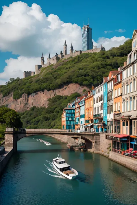 (8k, RAW photo, best quality, masterpiece), architecture, beach, blue_sky, boat, bridge, building, castle, city, city_lights, cityscape, cloud, cloudy_sky, day, european_architecture, horizon, house, landscape, mountain, no_humans, ocean, outdoors, river, rooftop, scenery, sky, skyline, skyscraper, tower, town, water, watercraft, waterfall, time progression