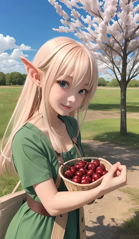 anime girl,cherry,mushroom,apple tree,elf,