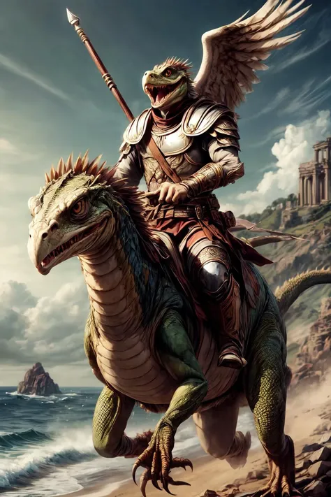 An ancient anthropomorphic eagle command(eaglecore:1.4),romanarmy <lora:ARWromanarmy:0.6>,wearing an ancient roman armor,holding things \( right hand holding wand or holding horsewhip or holding spear\),riding a lizard<lora:riding_a:0.4>,
BREAK
mount \(lizard (lizardcore:1.2)\),
photography, beautiful, ancient roman architecture background, high detailed skin, skin pores, coastline, overcast weather, wind, waves, 8k uhd, dslr, soft lighting, high quality, film grain, Fujifilm XT3,<lora:add_detail:2>,
evenly mix females and males of all ages and races in same proportions, all faces and pictures must be different, use all spectre of your different emotions from happiness to anger, do what you want and how you want,