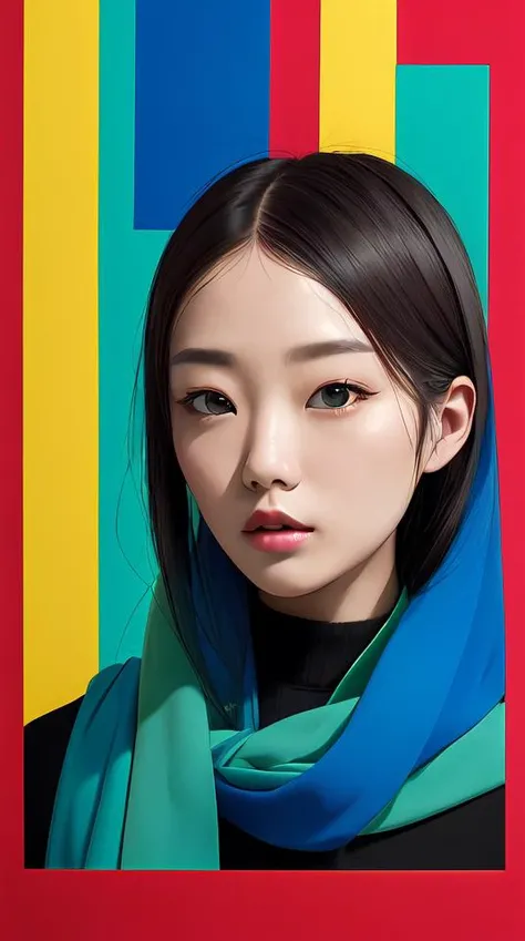Abstract, 8K, photo shot from front, mid-body portrait, highly-detailed, (flat color:1.1),(colorful:1.3),(masterpiece:1.2), best quality, masterpiece, original, extremely detailed wallpaper, looking at viewer, DUNHUANG,DUNHUANG_BACKGROUND,a lot of details,mysterious expression, in a modern and abstract setting, with bold and colorful abstract art, blurred background, bright lighting,