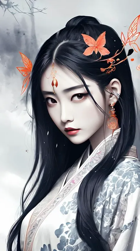 Body facing forward、Shrine maiden、Long Black Hair Alluring Beauty Mysterious Beauty White dragon behind Mature Artistic style is、It should reflect the official aesthetic with bright colors and strong contrast.. The color palette should emphasize the mysterious and mystical theme of the piece..Full HD Face、