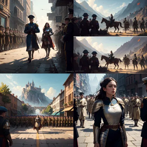 modelshoot style, (extremely detailed CG unity 8k wallpaper), full shot body photo of the most beautiful artwork in the world, female royal guard captain in medieval armor lecturing her soldiers, professional majestic oil painting by Ed Blinkey, Atey Ghailan, Studio Ghibli, by Jeremy Mann, Greg Manchess, Antonio Moro, trending on ArtStation, trending on CGSociety, Intricate, High Detail, Sharp focus, dramatic, photorealistic painting art by midjourney and greg Rutkowski, military parade, a lot of soldiers