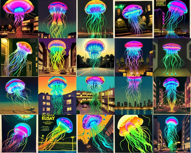 A poster of a neon ((jellyfish)) at midnight in the suburbs, poster art by Jane Freilicher, hyper realism, 1980's, perspective drawing, times magazine
