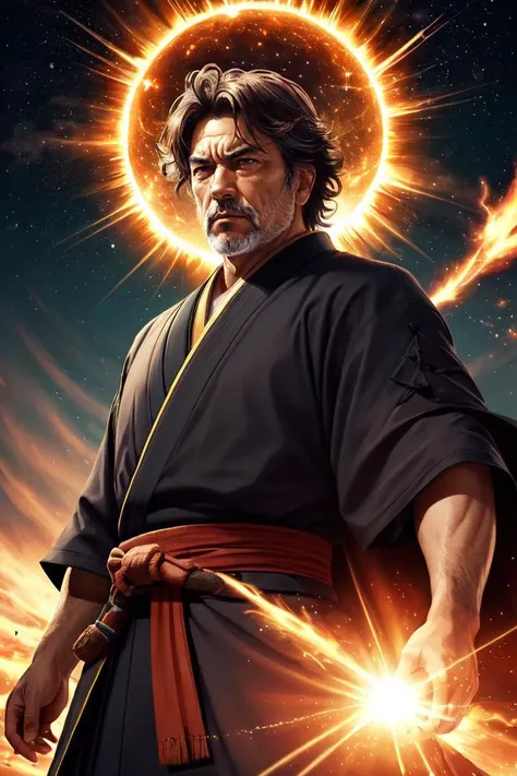 (best quality, masterpiece:1.2), (1man, wrinkled face, old male:1.2), frail, silver eyes, dark red hair, sideburns, solo, (full body:0.6), looking down, detailed background, detailed face, (<lora:SamuraiPunkAIv3:0.6>, SamuraiPunkAI theme:1.1), sun-sorcerer, wearing gold trimmed yellow mage robes, stoic look, dynamic pose, magical celestial glyphs, radiating, enchanted solar power, supernova in background, symphony of light, light clouds, epic atmosphere,