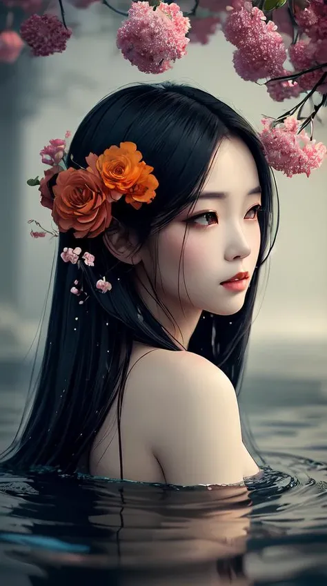a woman with long black hair is surrounded by water with flowers, in the style of dreamlike realism, dark gray and orange, han dynasty, soft-focus portraits, dark colors, harmonious coloration, somber mood