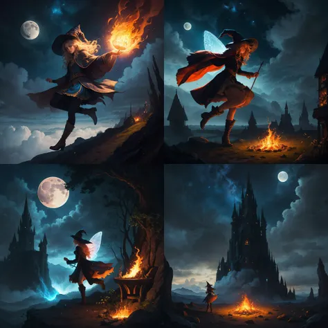 masterpiece, best quality, ultra-detailed, illustration, 1girl, solo, fantasy, night sky, outdoors, magic, spells, moon, stars, clouds, wind, hair, cape, hat, boots, glowing, mysterious, enchanting, whimsical, playful, adventurous, freedom, wonder, imagination, determination, skill, speed, movement, energy, realism, naturalistic, figurative, representational, beauty, fantasy culture, mythology, fairy tales, folklore, legends, witches, wizards, magical creatures, fantasy worlds, composition, scale, foreground, middle ground, background, perspective, light, color, texture, detail, beauty, fire spell.