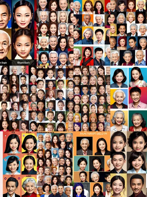 Absolute variety grotesque, Free hyperemotional self-expression regarding endless accurate pictorial collage of your different portraits in different styles, use your imagination, evenly mix females and males of all ages and races in same proportions, (Asians) and Europeans and Africans and Latinos, don't forget to add some kids and (((old) people)), all faces and pictures must be different, use all spectre of your different emotions from happiness to anger, do what you want and how you want, old people and kids don't forget them but keep variety balance