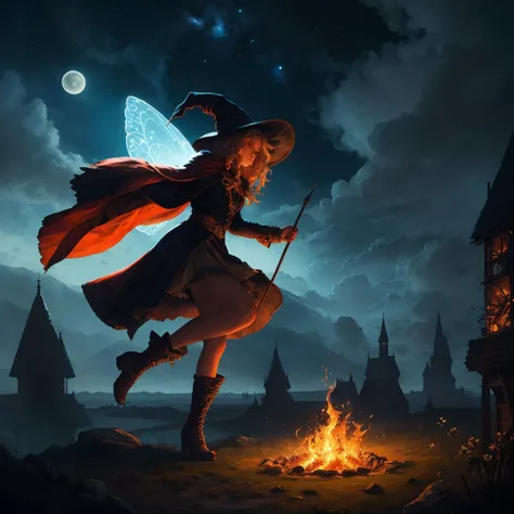 masterpiece, best quality, ultra-detailed, illustration, 1girl, solo, fantasy, night sky, outdoors, magic, spells, moon, stars, clouds, wind, hair, cape, hat, boots, glowing, mysterious, enchanting, whimsical, playful, adventurous, freedom, wonder, imagination, determination, skill, speed, movement, energy, realism, naturalistic, figurative, representational, beauty, fantasy culture, mythology, fairy tales, folklore, legends, witches, wizards, magical creatures, fantasy worlds, composition, scale, foreground, middle ground, background, perspective, light, color, texture, detail, beauty, fire spell.