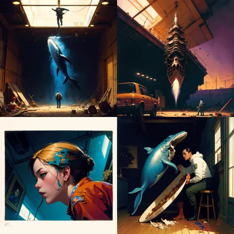 "realistic detailed image of an cosmonaut alone in the tundra next to whale skeleton in the style of Francis Bacon, Surreal, Norman Rockwell and James Jean, Greg Hildebrandt, and Mark Brooks, triadic color scheme, By Greg Rutkowski, in the style of Francis Bacon and Syd Mead and Edward Hopper and Norman Rockwell and Beksinski, open ceiling, highly detailed, painted by Francis Bacon, painted by James Gilleard, surrealism, airbrush, Ilya Kuvshinov, WLOP, Stanley Artgerm, very coherent, art by Takato Yamamoto and James Jean"