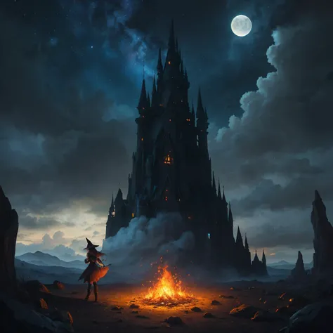 masterpiece, best quality, ultra-detailed, illustration, 1girl, solo, fantasy, night sky, outdoors, magic, spells, moon, stars, clouds, wind, hair, cape, hat, boots, glowing, mysterious, enchanting, whimsical, playful, adventurous, freedom, wonder, imagination, determination, skill, speed, movement, energy, realism, naturalistic, figurative, representational, beauty, fantasy culture, mythology, fairy tales, folklore, legends, witches, wizards, magical creatures, fantasy worlds, composition, scale, foreground, middle ground, background, perspective, light, color, texture, detail, beauty, fire spell.