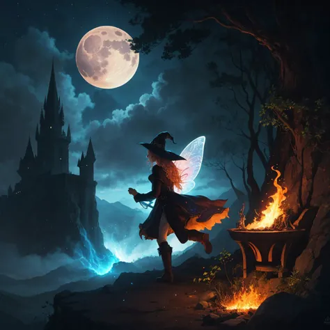 masterpiece, best quality, ultra-detailed, illustration, 1girl, solo, fantasy, night sky, outdoors, magic, spells, moon, stars, clouds, wind, hair, cape, hat, boots, glowing, mysterious, enchanting, whimsical, playful, adventurous, freedom, wonder, imagination, determination, skill, speed, movement, energy, realism, naturalistic, figurative, representational, beauty, fantasy culture, mythology, fairy tales, folklore, legends, witches, wizards, magical creatures, fantasy worlds, composition, scale, foreground, middle ground, background, perspective, light, color, texture, detail, beauty, fire spell.