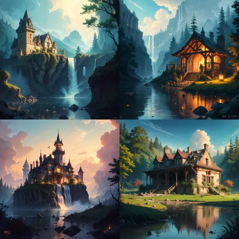old painting style, colorful, highly detailed, high resolution, ray tracing reflections, dramatic lighting, 8k vibrant colors, detailed acrylic, intricate complexity, soft natural volumetric cinematic perfect light, oil painting, star \(sky\), landscape, empty, a larger plants, waterfall, claping,small fire, ruin, smoking,warship,a large gunfire,bodies and skull, a lot of widelife,abandoned overgrown castle mansion in a forest, oversaturated, princess tower, gazebo, balcony,