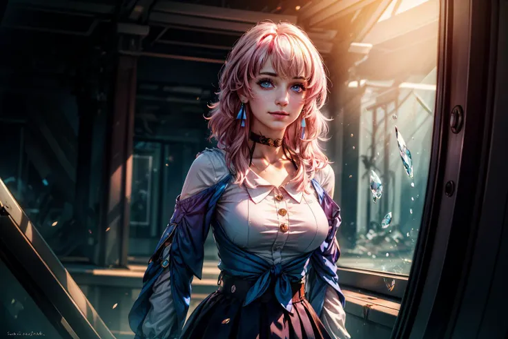 masterpiece, (photorealistic:1.4), best quality, beautiful lighting, march 7th \(honkai: star rail\), 1girl, solo, beautiful girl, pink hair, perfect face, perfect eyes, detailed clothes, blue skirt, skirt, blue shirt, detached sleeves, white shirt, blue eyes, long hair, blush, breasts, (looking at viewer), small breasts, earrings, star earrings, intricate, high detail, sharp focus, dramatic, beautiful eyes, (RAW photo, 8k uhd, film grain), caustics, smile, subsurface scattering, reflections, detailed face, beautiful face, beautiful eyes, standing, ice, <lora:march_7th__honkai _star_rail__offset:1> <lora:add_detail:1>