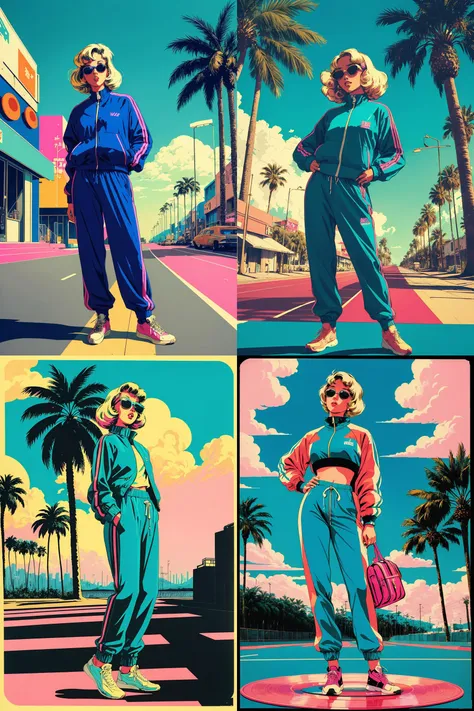 (((retro artstyle))) ((masterpiece)) A girl with blonde hair , sunglasses , retro track jacket , retro sweatpants , full body portrait , neutral expression , (vaporwave aesthetic) , palm trees , bust figure , vinyl records , japanese letters , vivid ,