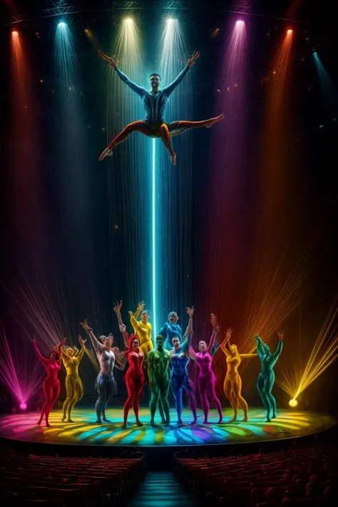 a closeup movie still from a documentary of faithlastnamesd15 performing in a (Cirque du Soleil:1.2) show, multicolored light show, laser show, smiling, use your imagination, evenly mix females and males of all ages and races in same proportions, (Asians) and Europeans and Africans and Latinos, don't forget to add some kids and (((old) people)), all faces of pictures must be different, use all spectre of your different emotions from happiness to anger, do what you want and how you want, old people and kids don't forget them but keep variety balance, <lora:add_detail:2>