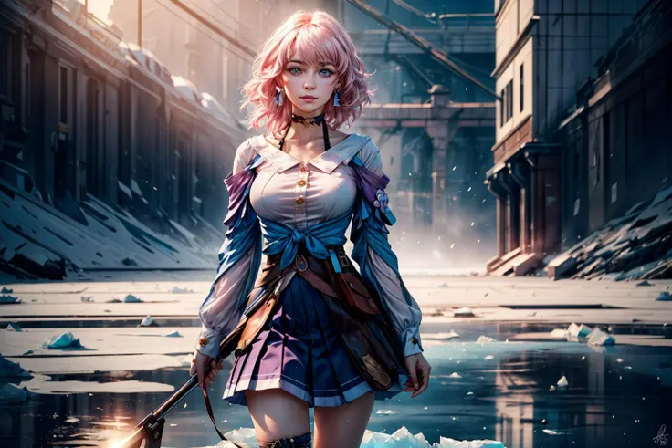 masterpiece, (photorealistic:1.4), best quality, beautiful lighting, march 7th \(honkai: star rail\), 1girl, solo, beautiful girl, pink hair, perfect face, perfect eyes, detailed clothes, blue skirt, skirt, blue shirt, detached sleeves, white shirt, blue eyes, long hair, blush, breasts, (looking at viewer), small breasts, earrings, star earrings, intricate, high detail, sharp focus, dramatic, beautiful eyes, (RAW photo, 8k uhd, film grain), caustics, smile, subsurface scattering, reflections, detailed face, beautiful face, beautiful eyes, standing, ice, <lora:march_7th__honkai _star_rail__offset:1> <lora:add_detail:1>