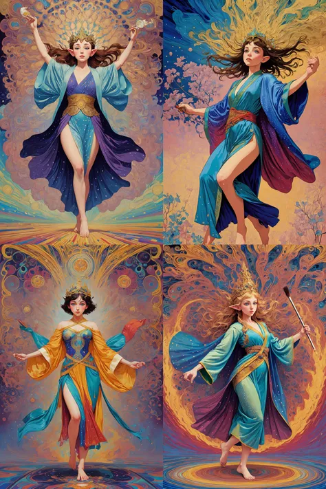 [Beautiful elf princess wearing amazing colorful silk robes:abstract background:0.9], explosive pose, expressionism, digital art, colorful background, absurdist, highly detailed, (brush strokes:1.1), (acrylic paint:1.1), pointilism, muted colors, by satoshi kon, by alphonse mucha, by raphael,