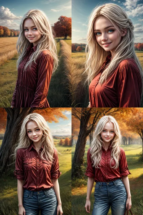 masterpiece, best quality,, intricate detail, sharp, perfect anatomy, finely detailed, noon, vivid colors,add_detail, BREAK cute girl, detailed eyes, from everywhere,red shirt, long white hair, detailed trees, autumn, tall grass, (solo:1.3), smiling BREAK Rural city background <lora:add_detail:2>