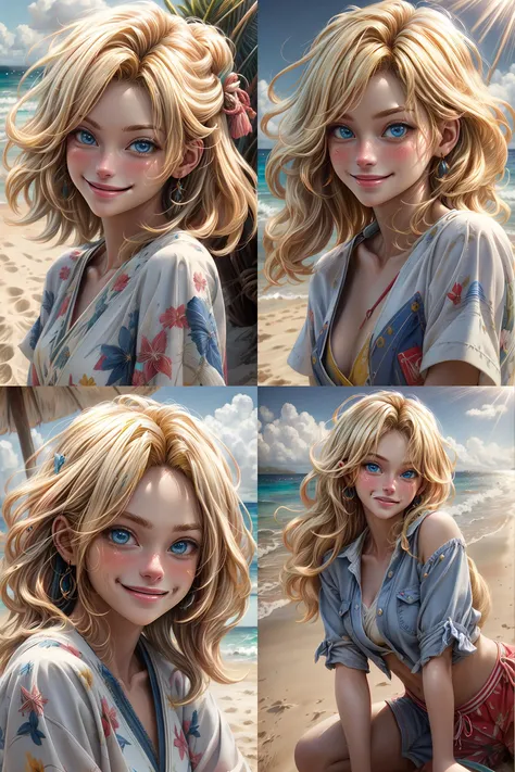 realistic, best quality, masterpiece, woman's face, blonde straight hair, blue eyes, smiling, beach, intense sunglight, <lora:oc_v10:0.7>,<lora:add_detail:1>