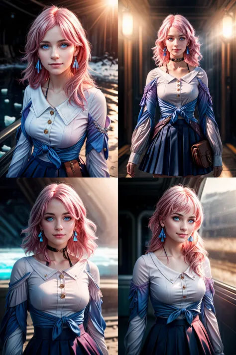 masterpiece, (photorealistic:1.4), best quality, beautiful lighting, march 7th \(honkai: star rail\), 1girl, solo, beautiful girl, pink hair, perfect face, perfect eyes, detailed clothes, blue skirt, skirt, blue shirt, detached sleeves, white shirt, blue eyes, long hair, blush, breasts, (looking at viewer), small breasts, earrings, star earrings, intricate, high detail, sharp focus, dramatic, beautiful eyes, (RAW photo, 8k uhd, film grain), caustics, smile, subsurface scattering, reflections, detailed face, beautiful face, beautiful eyes, standing, ice, <lora:march_7th__honkai _star_rail__offset:1> <lora:add_detail:1>