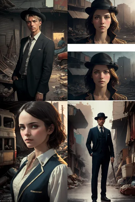 detailed clothes, (delicate illustration:1.4),(masterpiece:1.0), (best quality:1.4), (ultra highres:1.2), (photorealistic:1.4), (8k, RAW photo:1.2), (sharp focus:1.4), (renaissance art:1.4), detailed beautiful face, 1girl, (noir detective:1.2), tan skin, (fancy suit:1.1), fedora, smirk, (ultra detailed face and eyes:1.1), (album art:1.1), slum cyberpunk, frown, (slum old garage:1.1), (artpunk:1.0), unique pose, (trigun:1.1), (masterpiece:1.1), best quality, run-down, ultra high detail, (by antoine blanchard and casey baugh:1.1), (by zdzislaw beksinski:0.8), extremely intricate, extreme detail, raytracing, reflections, beautiful lighting, harsh lighting, watercolor, High Saturation Clarity Contrast, deep levels, sharp, retouched, color graded, soft lighting