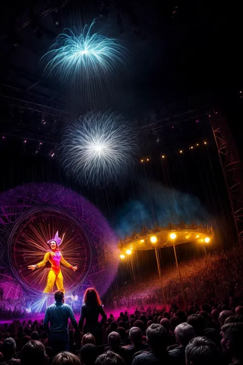 a closeup movie still from a documentary of faithlastnamesd15 performing in a (Cirque du Soleil:1.2) show, multicolored light show, laser show, smiling, use your imagination, evenly mix females and males of all ages and races in same proportions, (Asians) and Europeans and Africans and Latinos, don't forget to add some kids and (((old) people)), all faces of pictures must be different, use all spectre of your different emotions from happiness to anger, do what you want and how you want, old people and kids don't forget them but keep variety balance, <lora:add_detail:2>