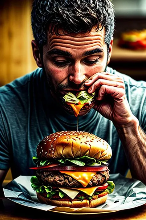 masterpiece, best quality, realistic, a man eating burger \(food, food focus,tomato, blurry, still life,burger, cup, lettuce, fruit, onion, bowl, depth of field, vegetable, blurry background, cheese\), <lora:add_detail:2>