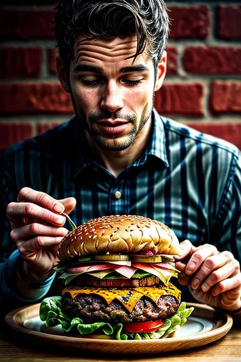 masterpiece, best quality, realistic, a man eating burger \(food, food focus,tomato, blurry, still life,burger, cup, lettuce, fruit, onion, bowl, depth of field, vegetable, blurry background, cheese\), <lora:add_detail:2>