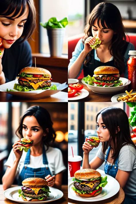 masterpiece, best quality, realistic, 1girl eating burger \(food, food focus,tomato, blurry, still life,burger, cup, lettuce, fruit, onion, bowl, depth of field, vegetable, blurry background, cheese\),