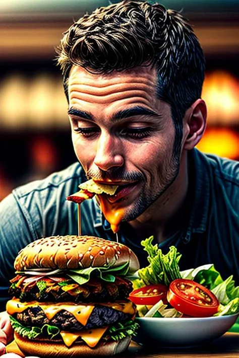 masterpiece, best quality, realistic, a man eating burger \(food, food focus,tomato, blurry, still life,burger, cup, lettuce, fruit, onion, bowl, depth of field, vegetable, blurry background, cheese\), <lora:add_detail:2>