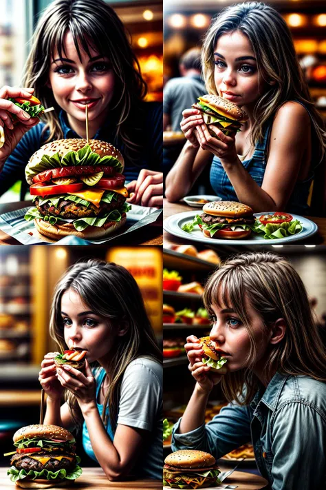 masterpiece, best quality, realistic, 1girl eating burger \(food, food focus,tomato, blurry, still life,burger, cup, lettuce, fruit, onion, bowl, depth of field, vegetable, blurry background, cheese\), <lora:add_detail:2>