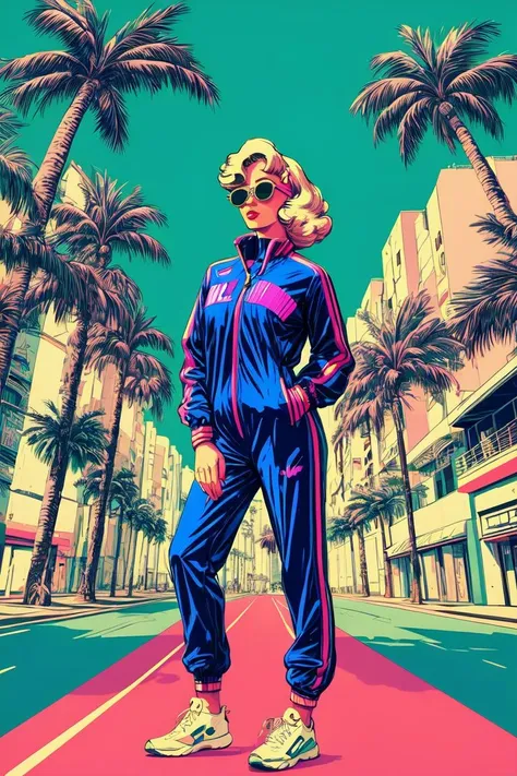 (((retro artstyle))) ((masterpiece)) A girl with blonde hair , sunglasses , retro track jacket , retro sweatpants , full body portrait , neutral expression , (vaporwave aesthetic) , palm trees , bust figure , vinyl records , japanese letters , vivid ,, <lora:add_detail:0.75>, <lora:FantasyWorldV1:0.25>,