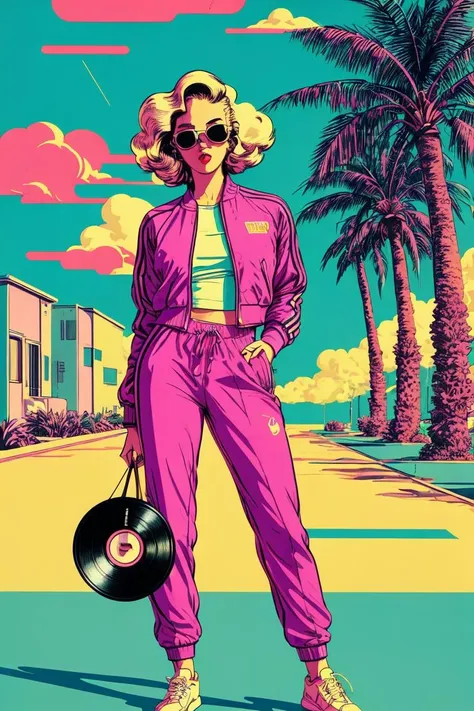 (((retro artstyle))) ((masterpiece)) A girl with blonde hair , sunglasses , retro track jacket , retro sweatpants , full body portrait , neutral expression , (vaporwave aesthetic) , palm trees , bust figure , vinyl records , japanese letters , vivid ,, <lora:add_detail:0.75>, <lora:FantasyWorldV1:0.25>,