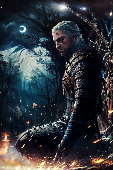 (masterpiece, top quality, best quality, official art, detailed:1.2), <lora:geraltW3:1>, geraldoW3, solo, sitting, on knees, meditating, eyes closed, armor, tree, night, scar, realistic, chainmail, white hair, wide angle, from side