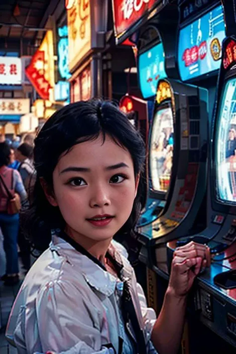 photo of erjie,1girl,solo,<lora:Threesister-erjiev2:0.2>, <lora:kawayi:.1>,shop,playing with friends,Arcade,
80's summer,INDOORS<lora:80year03:0.7>,
masterpiece, best quality, highres,intricate detail,(clear face and realistic:1.5), 
use your imagination, evenly mix females and males of all ages and races in same proportions, all faces must be different, use all spectre of your different emotions from happiness to anger, do what you want and how you want,