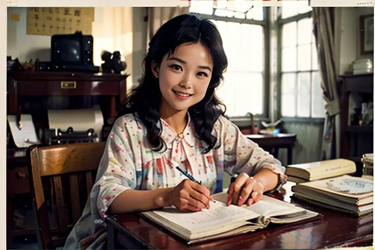 photo of erjie,1girl,solo,<lora:Threesister-erjiev2:0.25>, <lora:kawayi:.1>,grin,bedroom,writing homework,reading book,
80's summer,INDOORS<lora:80year03:0.65>,
masterpiece, best quality, highres,intricate detail,(clear face and realistic:1.5),