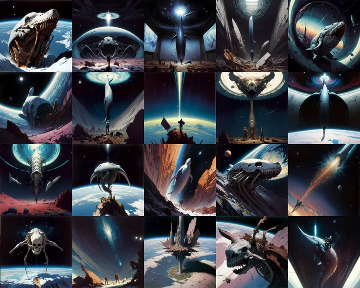 "realistic detailed image of an cosmonaut alone in the tundra next to whale skeleton in the style of Francis Bacon, Surreal, Norman Rockwell and James Jean, Greg Hildebrandt, and Mark Brooks, triadic color scheme, By Greg Rutkowski, in the style of Francis Bacon and Syd Mead and Edward Hopper and Norman Rockwell and Beksinski, open ceiling, highly detailed, painted by Francis Bacon, painted by James Gilleard, surrealism, airbrush, Ilya Kuvshinov, WLOP, Stanley Artgerm, very coherent, art by Takato Yamamoto and James Jean"
abstract dream, space, intricate, grand scale, alone, cinematic film still, insane detail, sharp focus, depth of field, realistic lighting, (realistic perspective), complex, (multiple subjects), 4k HDR,
<lora:add_detail:0.5> <lora:more_details:0.25> <lora:FantasyWorldV1:0.25>
