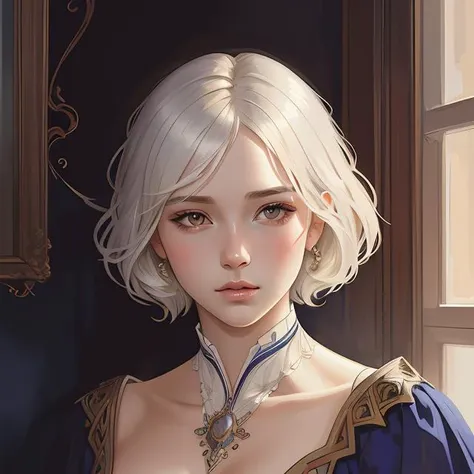 A woman with white hair and a blue dress standing in front of a window ...