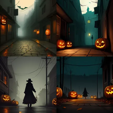 a creepy and eery Halloween setting, with Jack o lanterns on the street and shadow figures lurking about, dynamic lighting, photorealistic fantasy concept art, stunning visuals, creative, cinematic, ultra detailed, trending on art station, spooky vibe