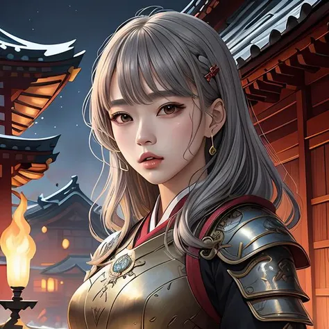 portrait jisoo blackpink, grey hair armored samurai clothes, in fire japanese temple wet night, ssci - fi and fantasy, intricate and very very beautiful and elegant, highly detailed, digital painting, artstation, concept art, smooth and sharp focus, illustration, art by tian zi and wlop and alphonse mucha