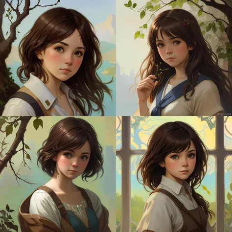 a mischievous small girl with branches in her brown hair, highly detailed, digital painting, artstation, concept art, smooth, sharp focus, illustration, art by artgerm and greg rutkowski and alphonse mucha