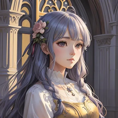breathtaking detailed anime painting of a knight queen with long flowing blue hair, pastel flower petals flying, at dawn in front of a pristine golden art nouveau cathedral, art by pilyeon, elegant, volumetric lighting, highly detailed, artstation, concept art, matte, sharp focus,