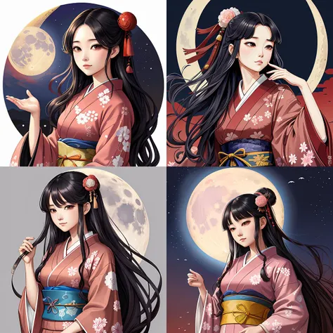 portrait of the japanese moon princess kaguya hime with long flowing black hair wearing an ornate pink kimono with intricate floral patterns, touhou character illustration by ross tran, bo chen, toni infante, rebecca oborn, michael whelan, trending on artstation cgsociety hq