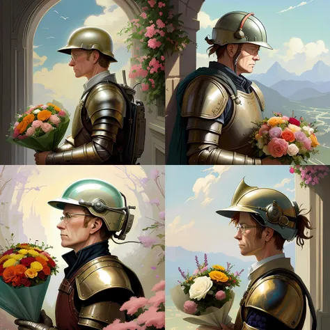 closeup portrait of walter white wearing an armour costume and helmet, holding a bouquet of flowing flowers from below, hands disappeared under the bouquet of flowers, profile view, fantasy, regal, intricate, by stanley artgerm lau, greg rutkowski, thomas kinkade, alphonse mucha, loish, norman rockwell