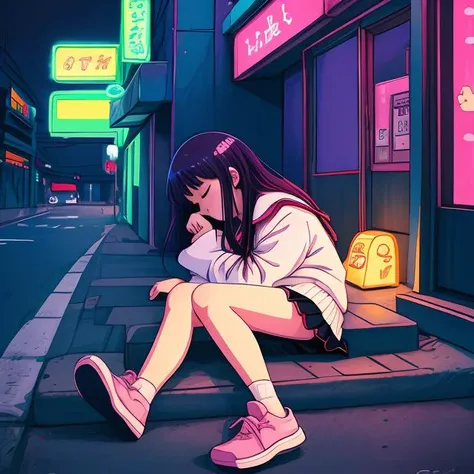 a cute anime girl sleeping!!! in a neon lit street,