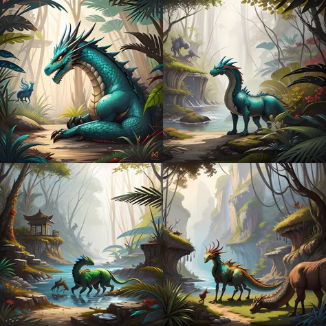 crystal dragon in jade jungle with mystical animals, high quality 4k, trending on artstation