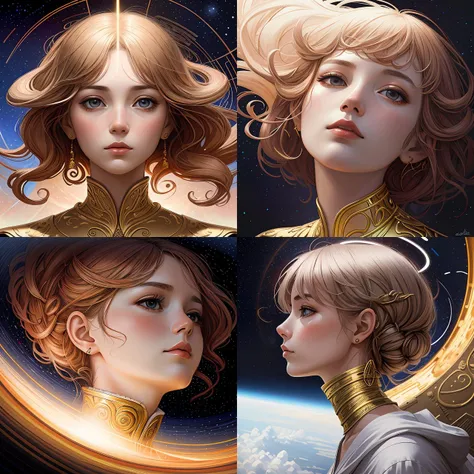 a golden woman 2/3 figurative portrait, in space, head breaking apart and spiraling geometry into the sky upwards into another dimension, lazer light beaming down to top of her head, by james jean, artgerm, featured in artstation, elegant, Moebius, Greg rutkowski, anime