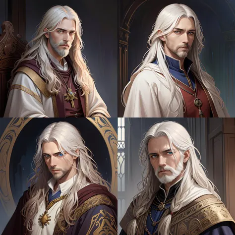 medium - length portrait of a male wizard wreathed in arcane sigils with long white hair and glowing blue eyes, long white beard, dark brown skin, stern expression, wears a long robe, medieval setting, dramatic pose, highly detailed, digital painting, artstation, concept art, sharp focus, illustration, art by greg rutkowski and alphonse mucha