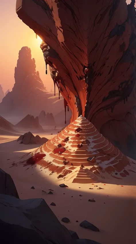 desert made from blood and agate, chicken sand, caramel sun, sugar snow, handsome, intricate, detailed, volumetric lighting, scenery, digital painting, highly detailed, artstation, sharp focus, illustration, concept art, 8 k, no blur, hyper realistic, magic world