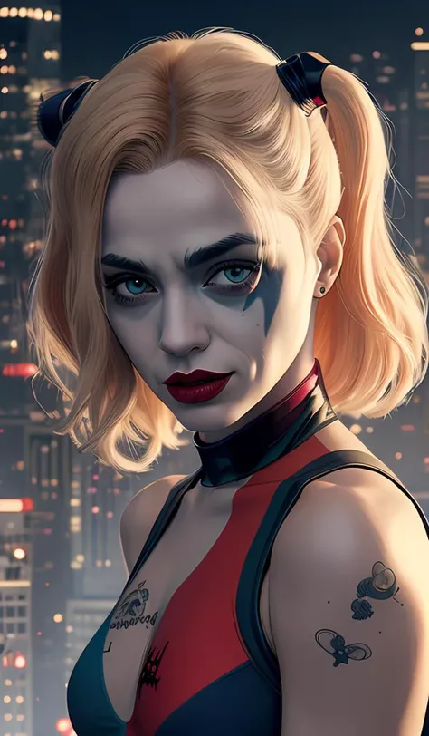 lofi biopunk portrait of harley quinn, detailed city background, Pixar style, by Tristan Eaton Stanley Artgerm and Tom Bagshaw.